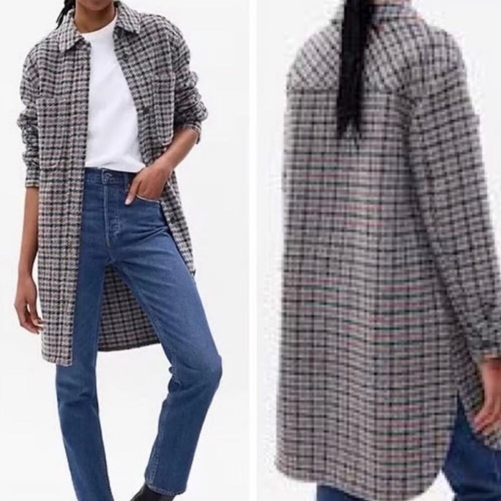 Gap Gray Plaid Wool Blend Long Button Front Shirt Jacket Shacket S